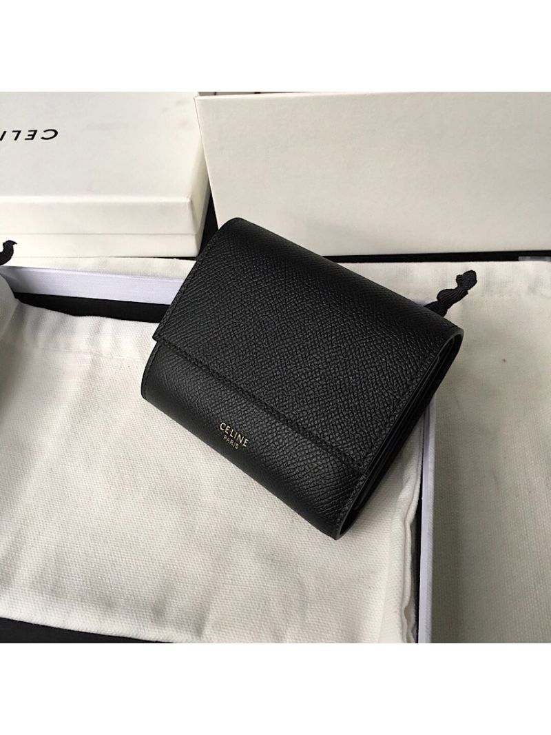 Celine Small Trifold Wallet In Grained Calfskin 10B573 Black