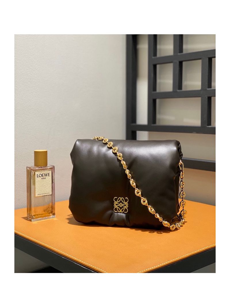 Loewe Puffer Goya bag in shiny nappa lambskin AP40P41 Dark Chocolate