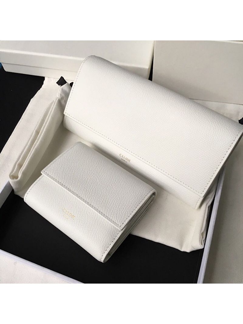 Celine Large Flap Wallet In Grained Calfskin 10B563 White