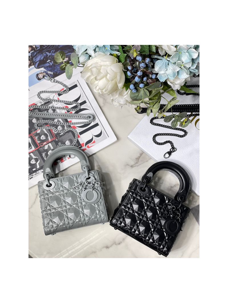 Dior Mini Lady Dior Stone Grey Cannage Calfskin with Diamond Motif M0505