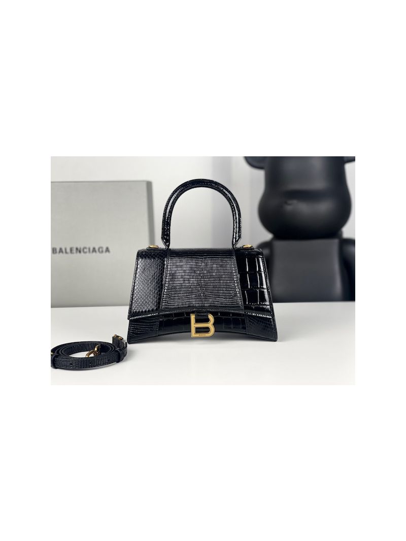 Balenciaga Hourglass XS S Top Handle Handbag In Calfskin Crocodile Lizard Embossed Small Patchwork