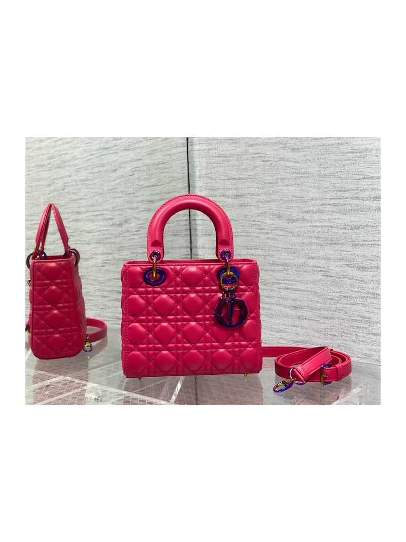 Dior Small Lady Dior Bright Pink Cannage Lambskin Bag with Iridescent Charms M05314