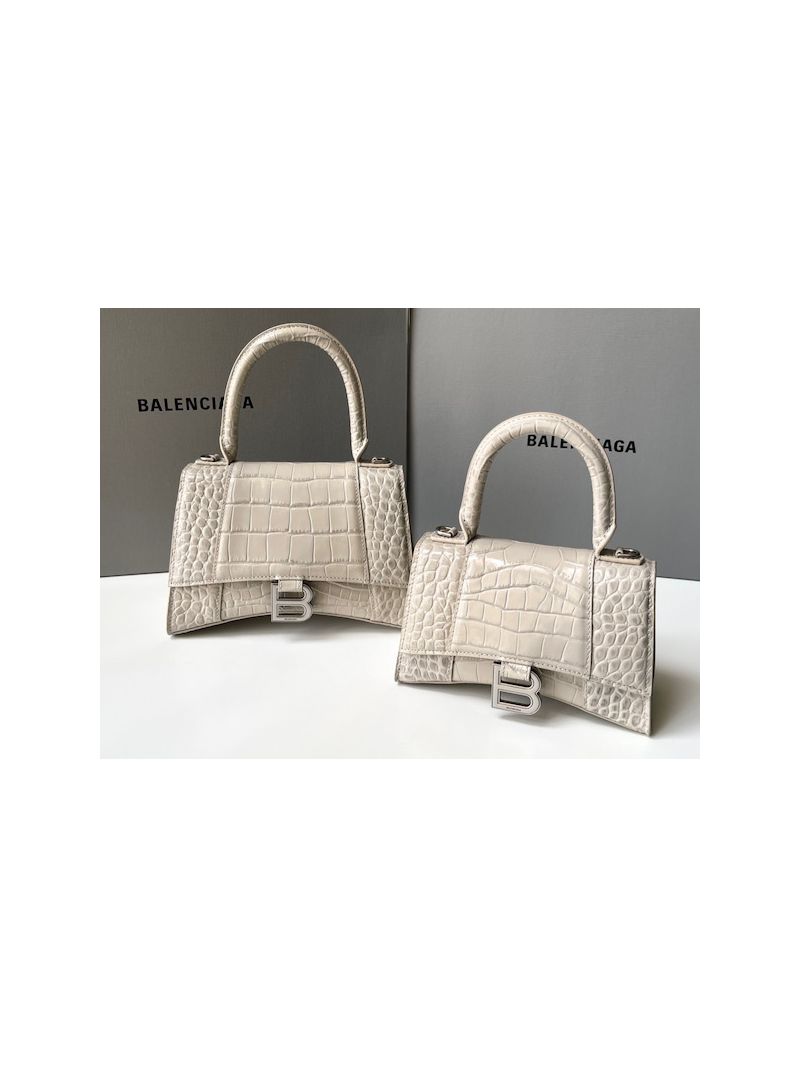 Balenciaga Hourglass Top Handle Bag In Shiny Crocodile Embossed Calfskin 5935461 Cold Beige