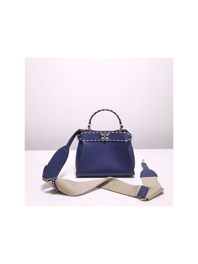 Fendi Peekaboo Iconic Mini Bag Blue Full Grain Leather with Large Hand Stitching 8BN244H