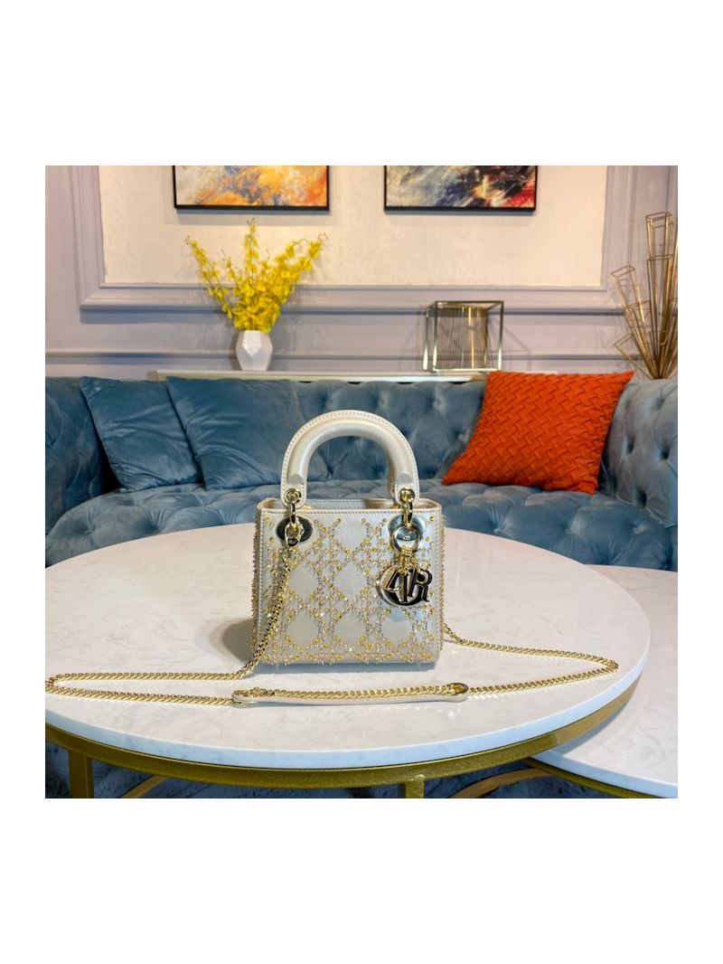 Dior Mini Lady Dior Bag Metallic Calfskin with Platinum Beaded Cannage Embroidery 