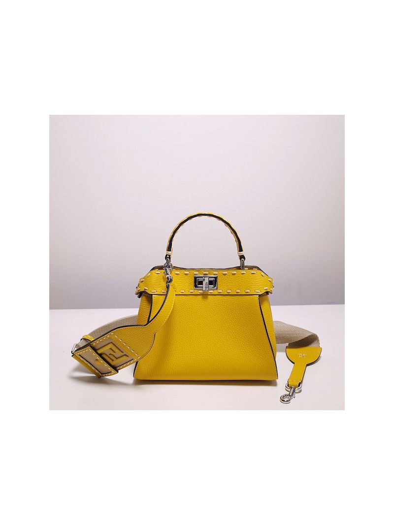 Fendi Peekaboo Iconic Mini Bag Yellow Full Grain Leather with Large Hand Stitching 8BN244H
