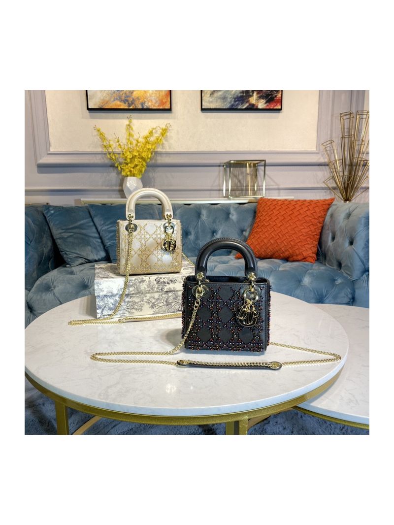 Dior Mini Lady Dior Bag Metallic Calfskin with Platinum Beaded Cannage Embroidery Black