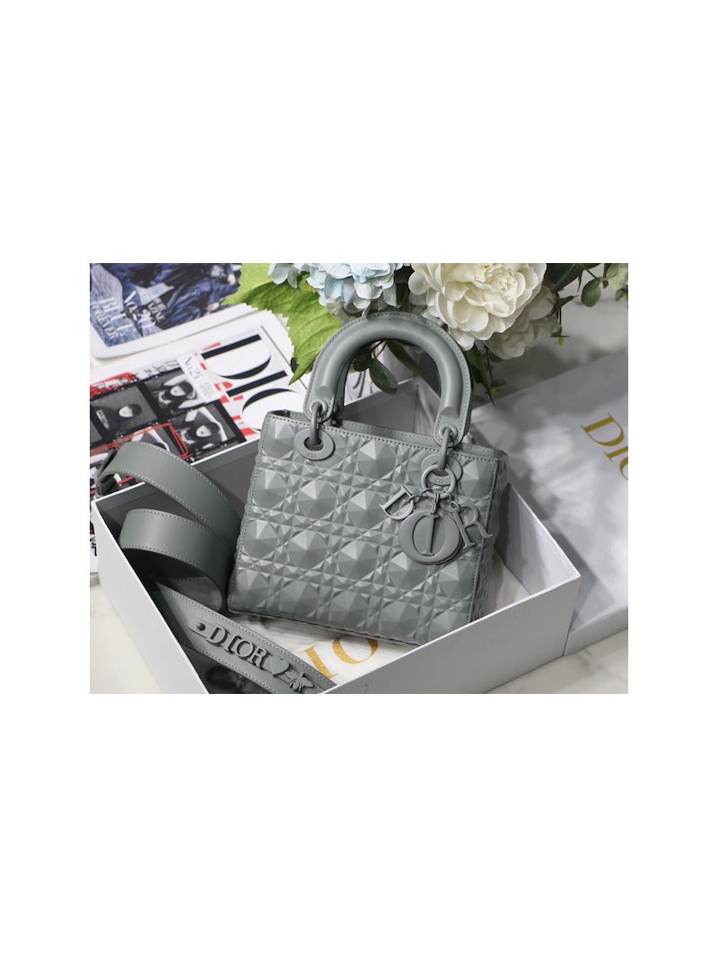 Dior Small Lady Dior My ABCdior Bag Stone Grey Cannage Calfskin with Diamond Motif M0538