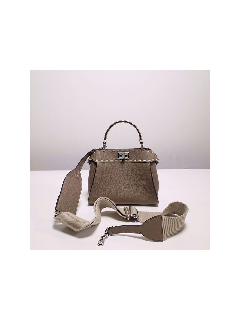 Fendi Peekaboo Iconic Mini Bag Grey Full Grain Leather with Large Hand Stitching 8BN244H