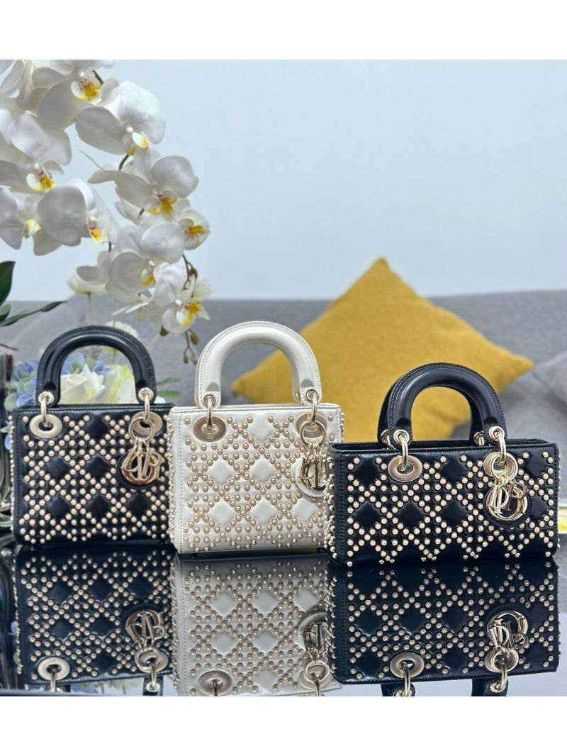Dior Mini Lady Dior Bag Latte Crinkle-Effect Lambskin with White Resin Half-Pearl Cannage Motif M0505 Limited Edition
