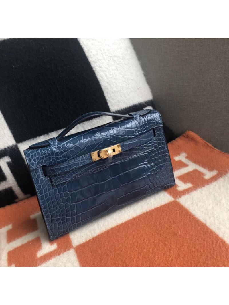 Hermes Kelly Pochette Clutch Bag Shiny Dark Blue Alligator