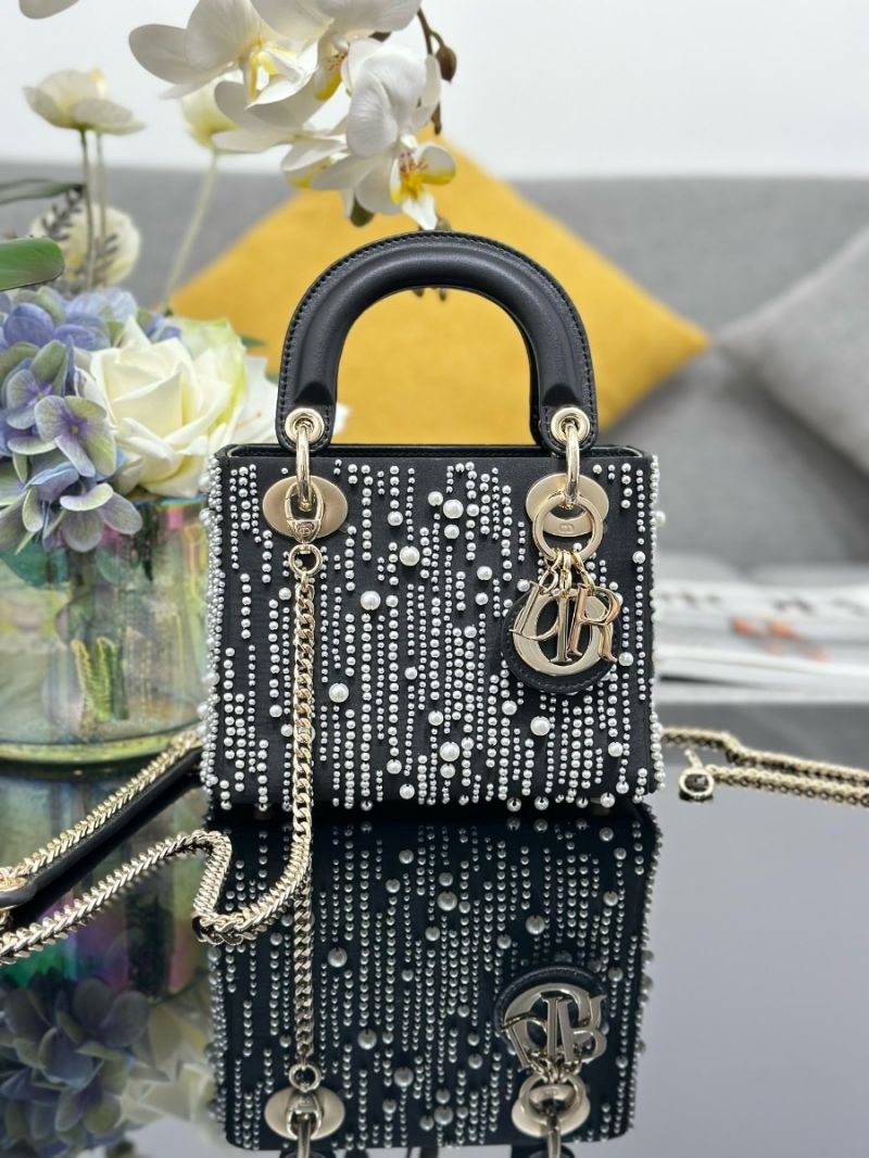 Dior Mini Lady Dior Bag Black Satin Embroidered with White Resin Pearls Meteor M0505 Limited Edition