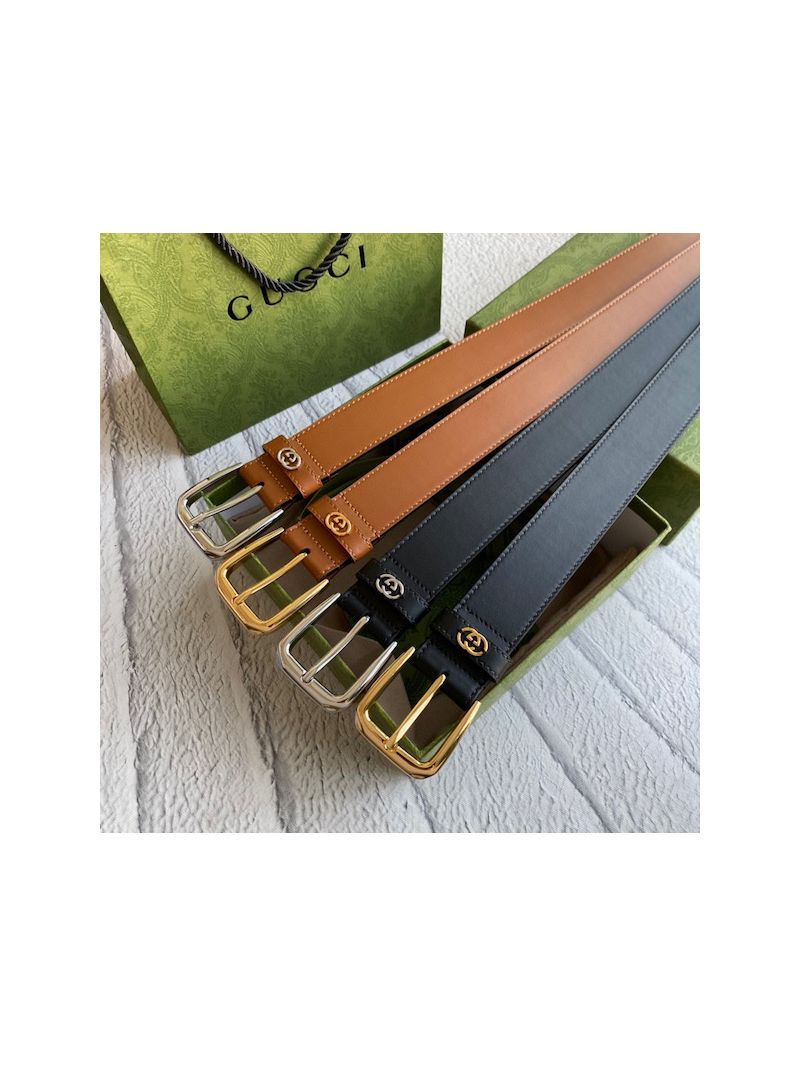 Gucci Smooth Leather Belt with square buckle and Interlocking G 673921