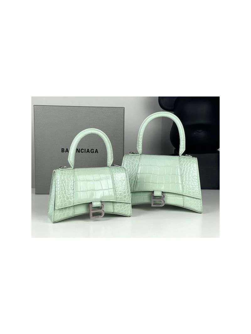 Balenciaga Hourglass Top Handle Bag In Shiny Crocodile Embossed Calfskin 5935461 Mint