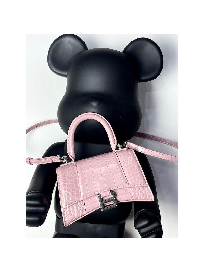 Balenciaga Hourglass Top Handle Bag In Shiny Crocodile Embossed Calfskin 5935461 Light Pink