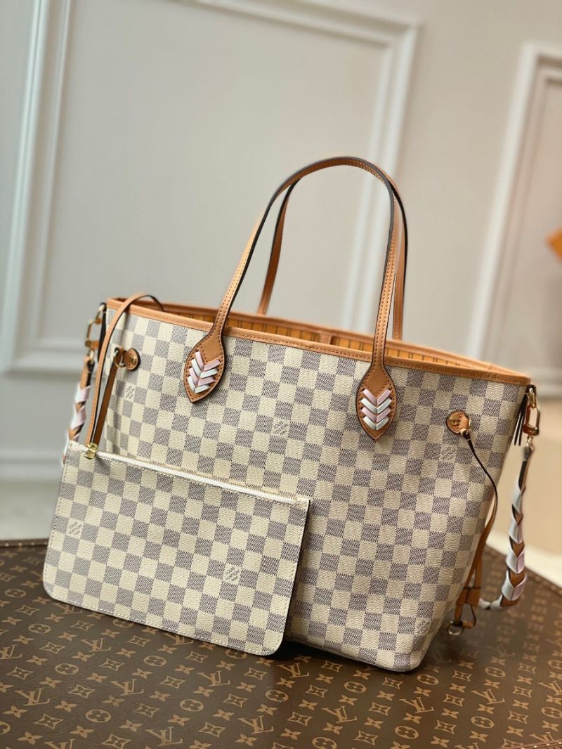 Louis Vuitton LV Neverfull MM N50047 Damier Azur with Pink Braided Strap