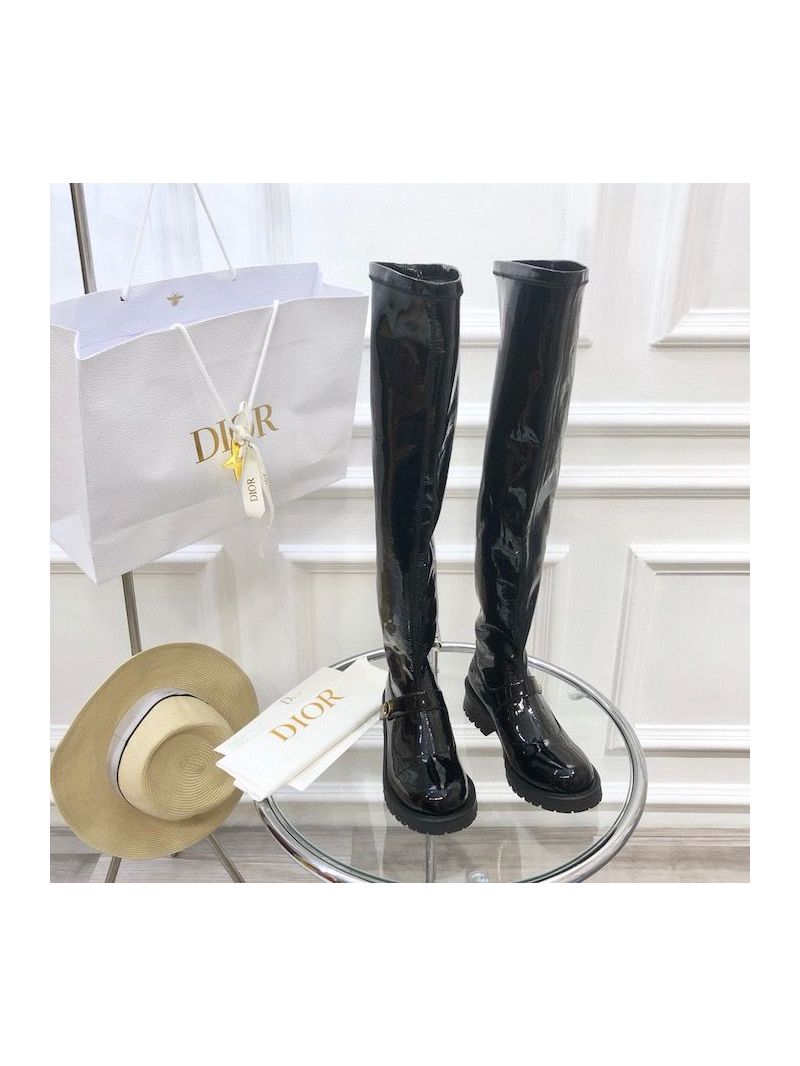 Dior D-Doll Thigh Boot Black Crinkled and Stretch Patent Calfskin KCI697K