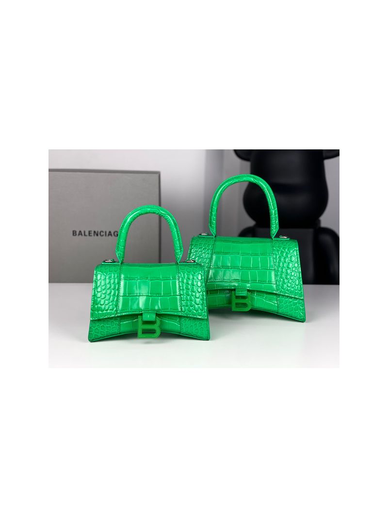 Balenciaga Hourglass Top Handle Bag In Shiny Crocodile Embossed Calfskin 5935461 Bright Green Toned Logo
