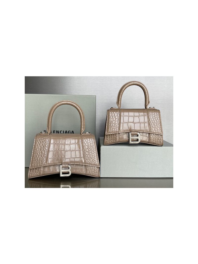 Balenciaga Hourglass Top Handle Bag In Shiny Crocodile Embossed Calfskin 5935461 Mink