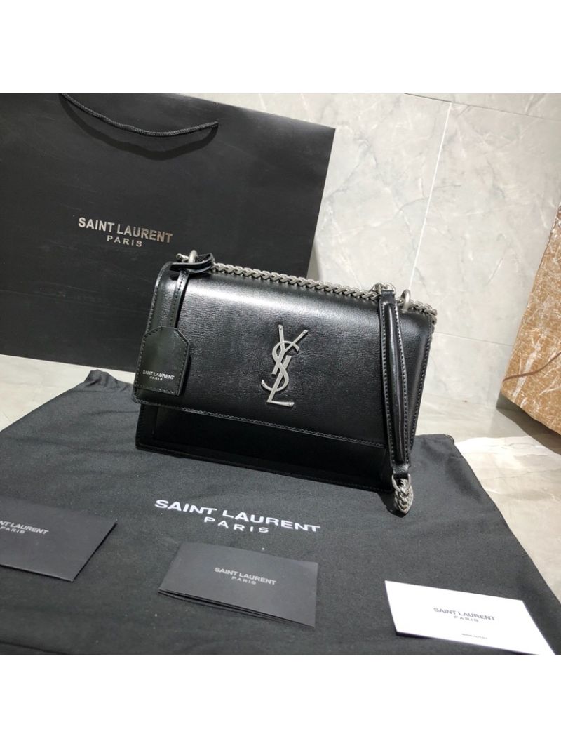 YSL Saint Laurent Sunset Medium In Smooth Leather 442906 Black Silver Hardware
