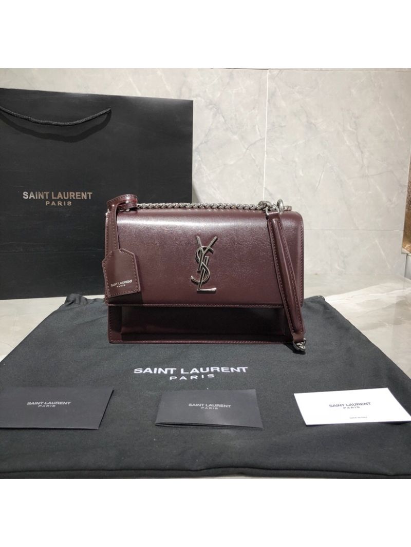 YSL Saint Laurent Sunset Medium In Smooth Leather 442906 Dark Red Silver Hardware