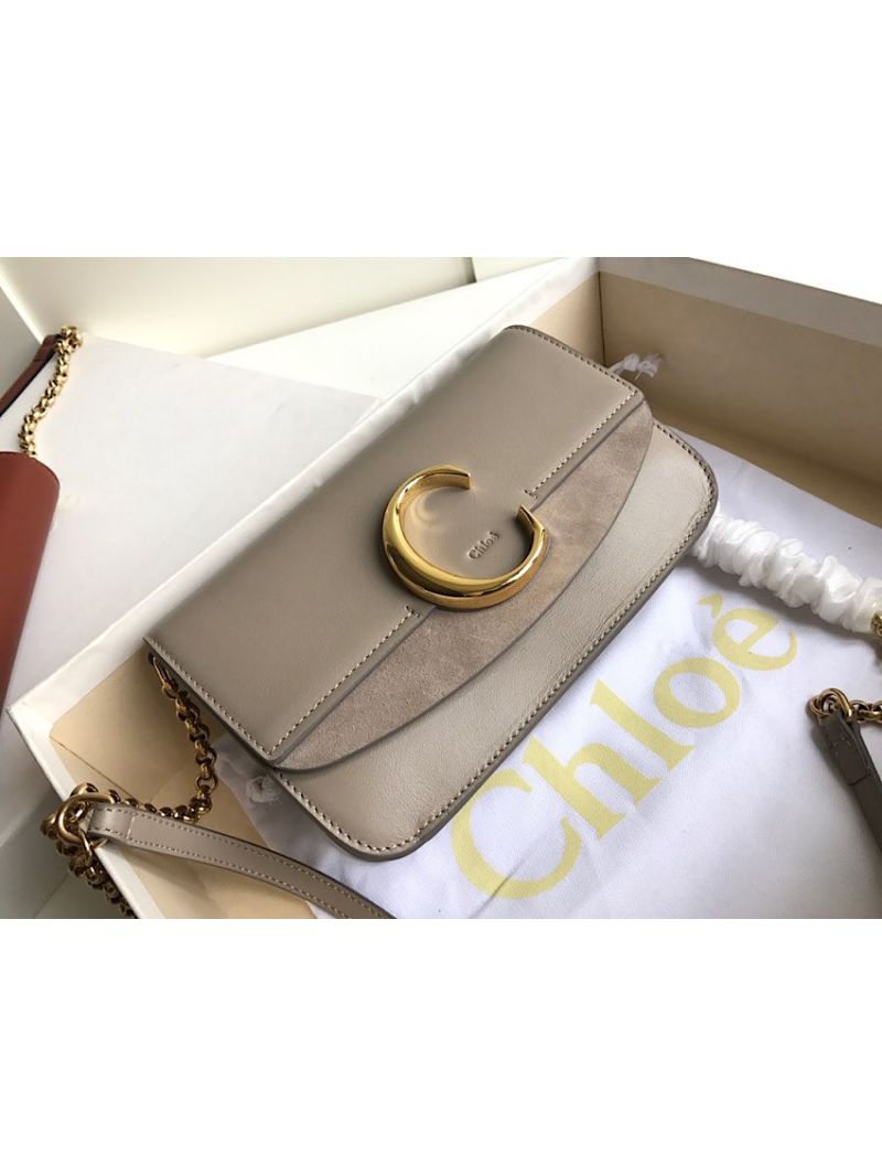 Chloé “C” Clutch with Chain in Shiny & Suede Calfskin 37001 Motty Grey