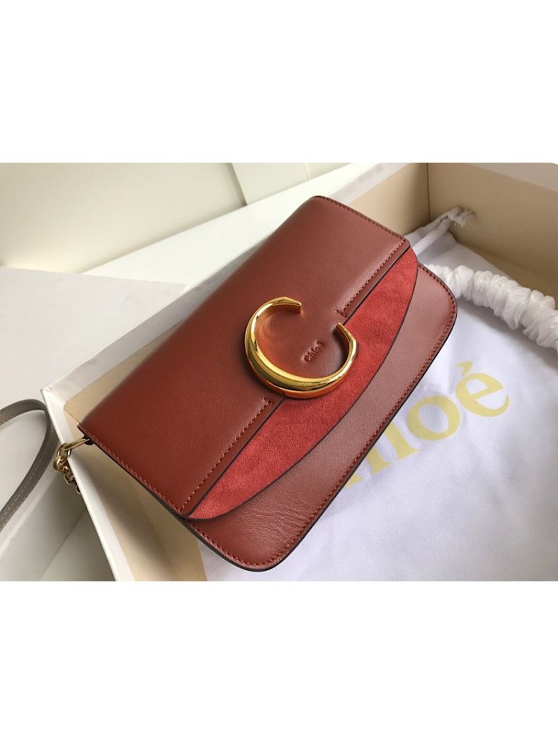 Chloé “C” Clutch with Chain in Shiny & Suede Calfskin 37001 Brown
