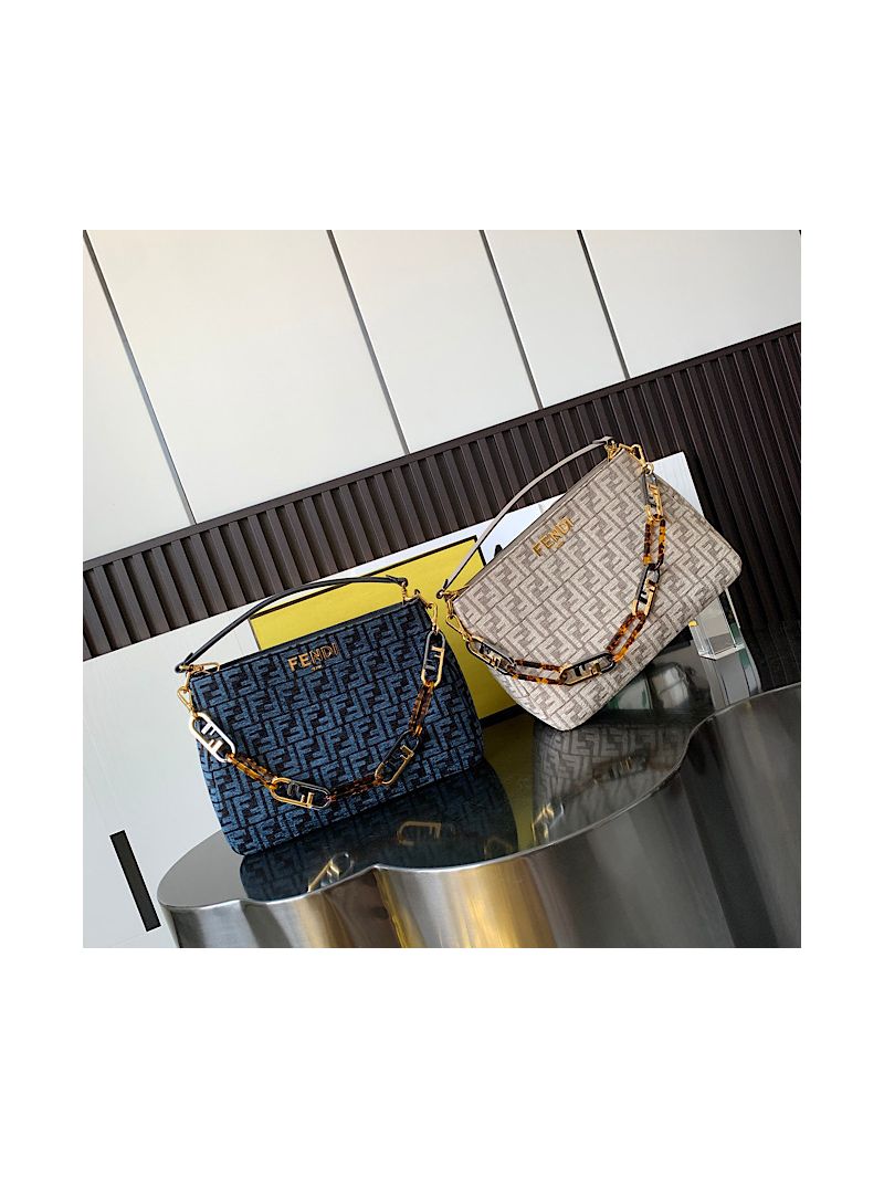 Fendi O'Lock Zip Dark Blue tapestry fabric bag 8BR805