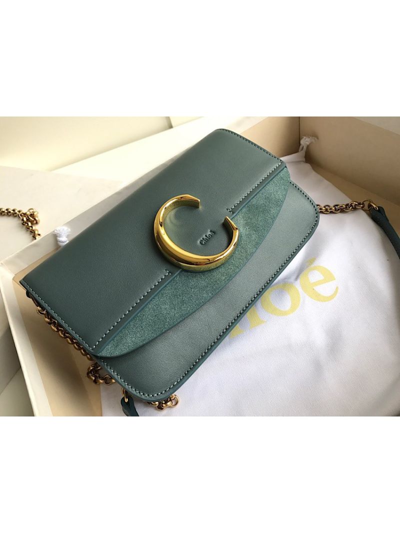Chloé “C” Clutch with Chain in Shiny & Suede Calfskin 37001 Baby Blue
