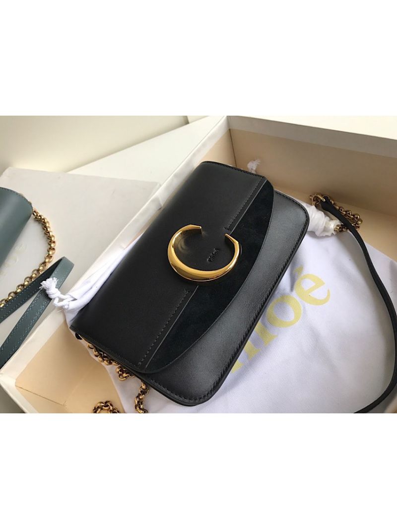 Chloé “C” Clutch with Chain in Shiny & Suede Calfskin 37001 Black