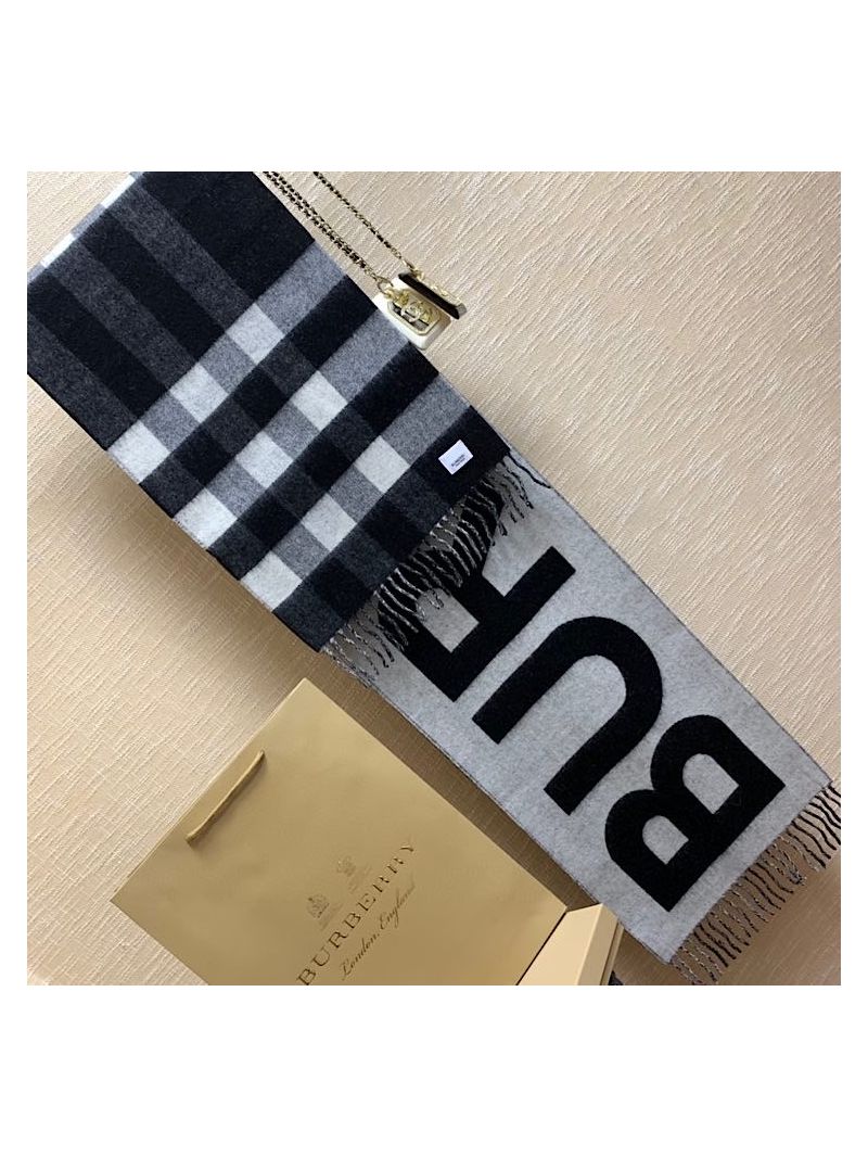 Burberry Reversible Check Black And White Logo Cashmere Scarf 8037404 