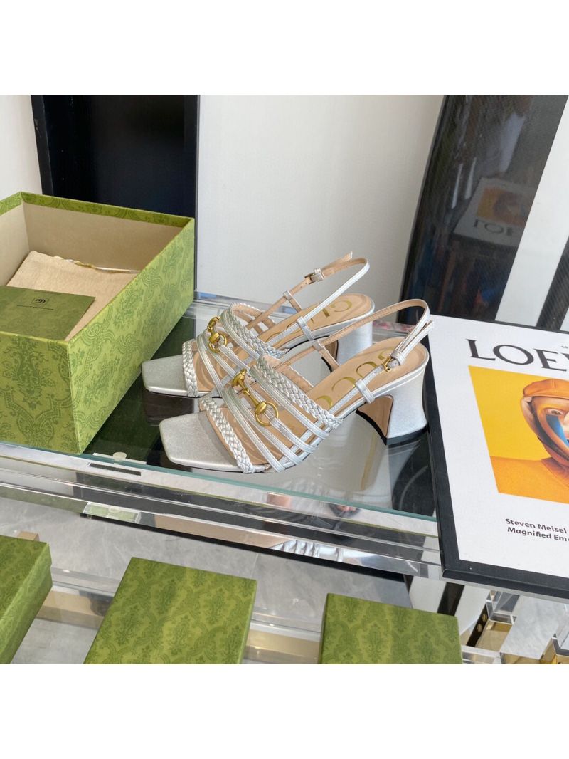 Gucci Women's Leather Sandal With Horsebit 25mm 75mm 645405 Metallic Silver