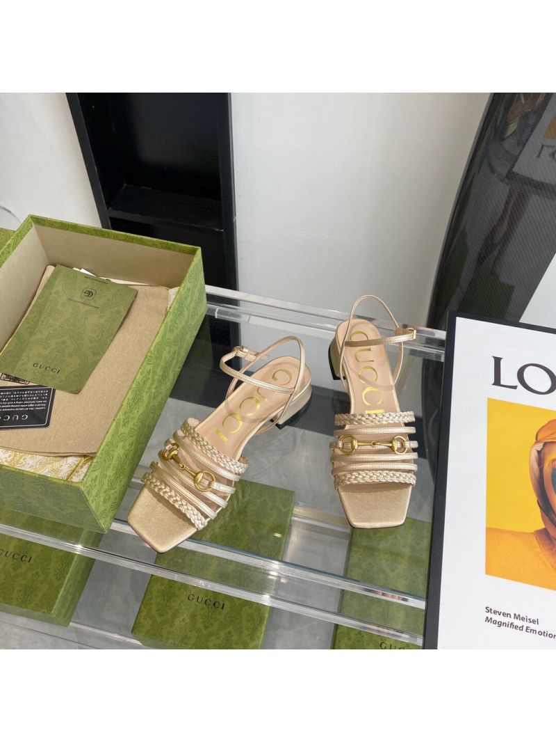 Gucci Women's Leather Sandal With Horsebit 25mm 75mm 645405 Metallic Gold