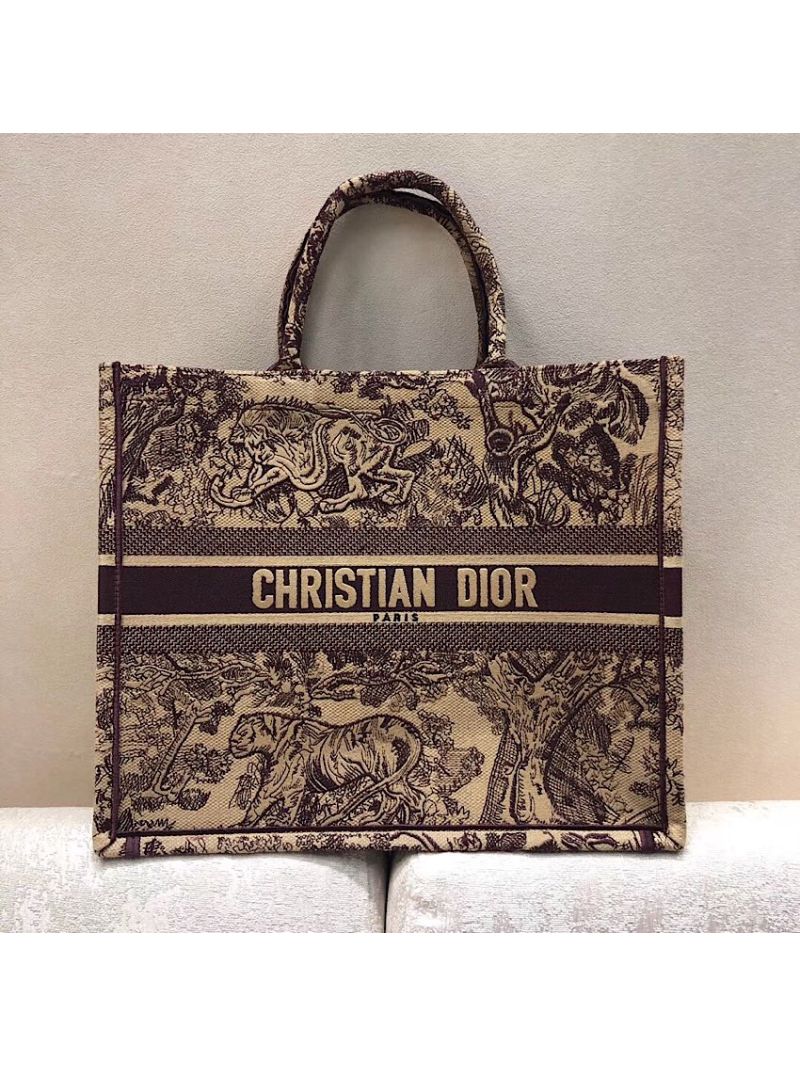 Dior Book Tote bag Embroidered Canvas with Burgundy Toile De Jouy Motif