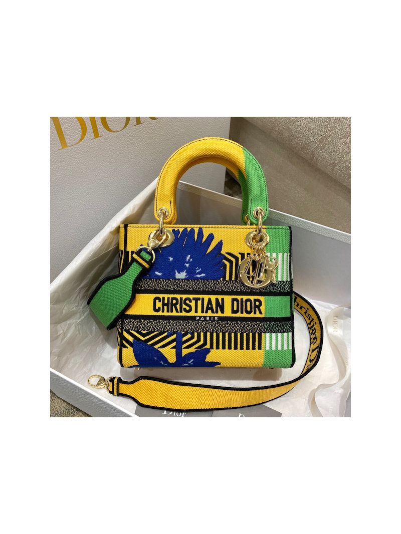 Dior Medium Lady D-Lite Bag Bright Yellow and Green D-Flower Pop Embroidery M0565