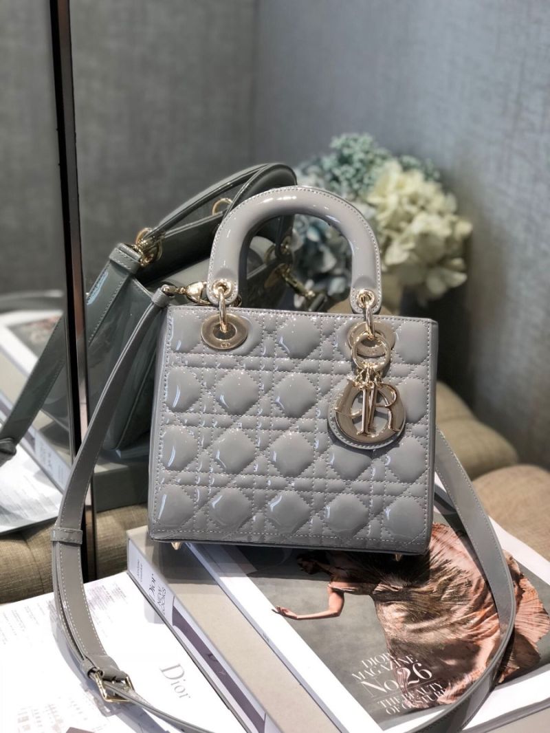 Dior Small Lady Dior Patent Calfskin Bag Grey