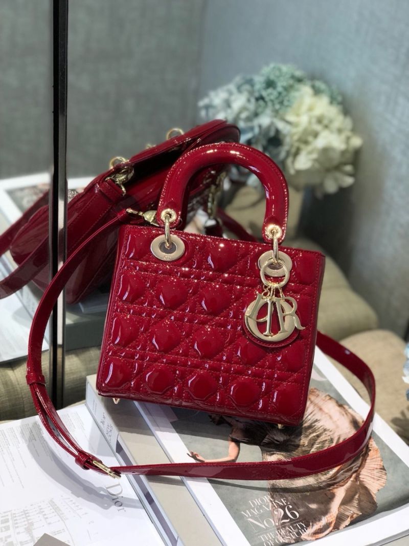 Dior Small Lady Dior Patent Calfskin Bag Cherry Red