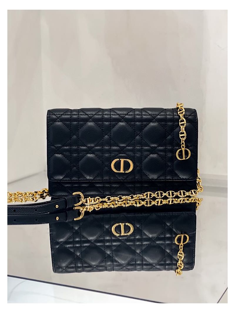 Dior Caro Belt Pouch With Chain in Black Supple Cannage Calfskin S5091