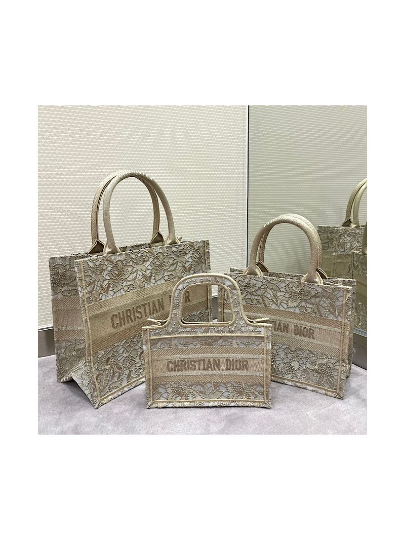 Dior Book Tote bag in Gold-Tone D-Lace Embroidery with 3D Macramé Effect M1296