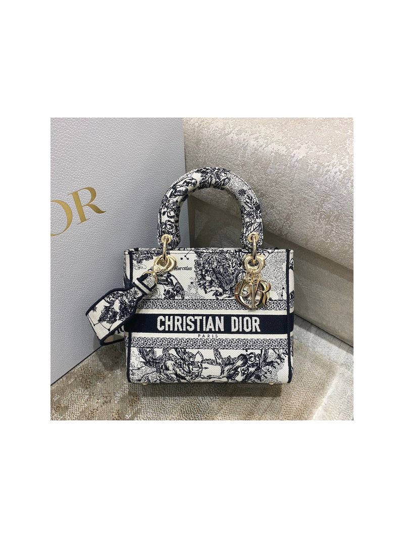 Dior Medium Lady D-Lite Bag Latte Toile de Jouy Zodiac Embroidery M0565
