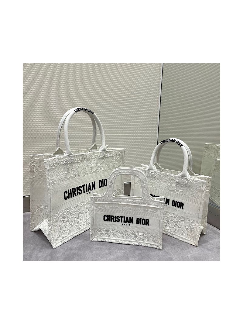 Dior Book Tote bag in White Multicolor D-Lace Embroidery with 3D Macramé Effect M1296