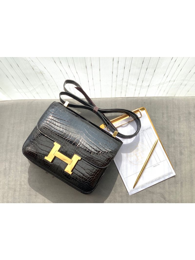 Hermes Constance Shiny Alligator Leather Bag Black