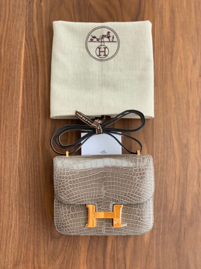 Hermes Constance Shiny Alligator Leather Bag Gris Tourterelle