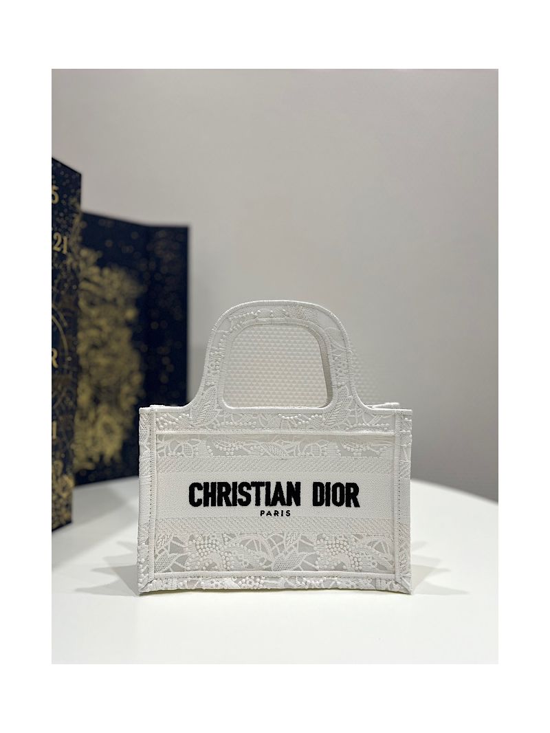 Dior Mini Book Tote S5475 White Multicolor D-Lace Embroidery with Macramé Effect