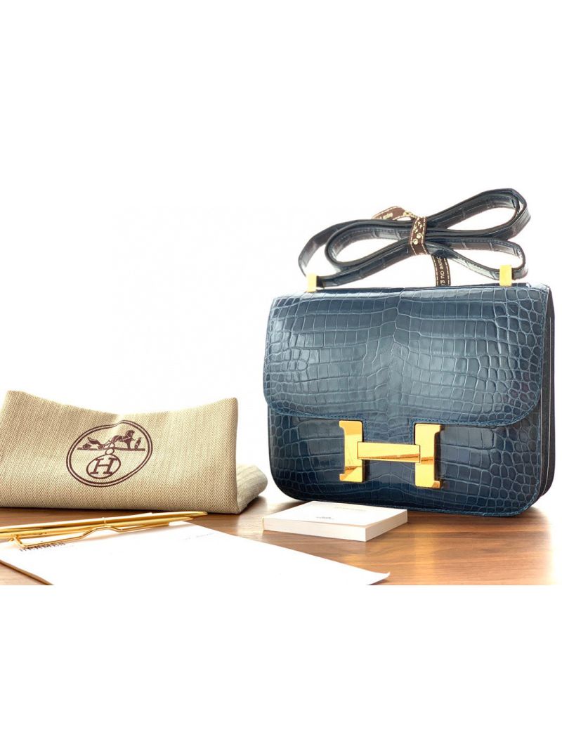 Hermes Constance Shiny Alligator Leather Bag 1P Duck Blue