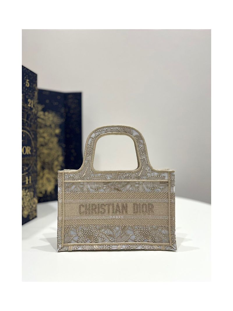 Dior Mini Book Tote S5475 Gold-Tone D-Lace Embroidery with Macramé Effect
