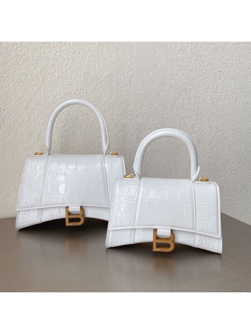 Balenciaga Hourglass Top Handle Bag In Shiny Crocodile Embossed Calfskin 5935461 White with Gold Hardware