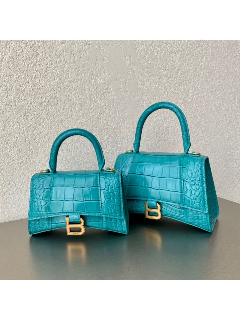 Balenciaga Hourglass Top Handle Bag In Shiny Crocodile Embossed Calfskin 5935461 Peacock Blue