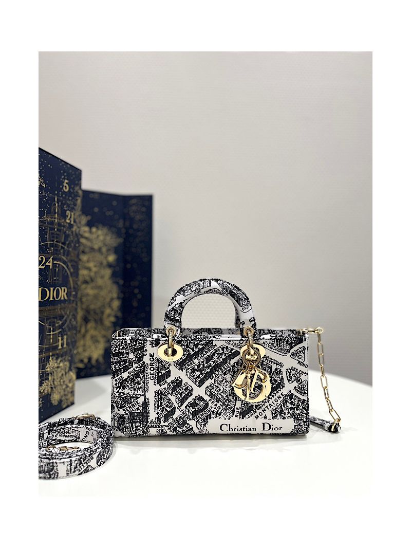 Dior Lady D-Joy Bag White and Black Plan de Paris Printed Calfskin M0540O