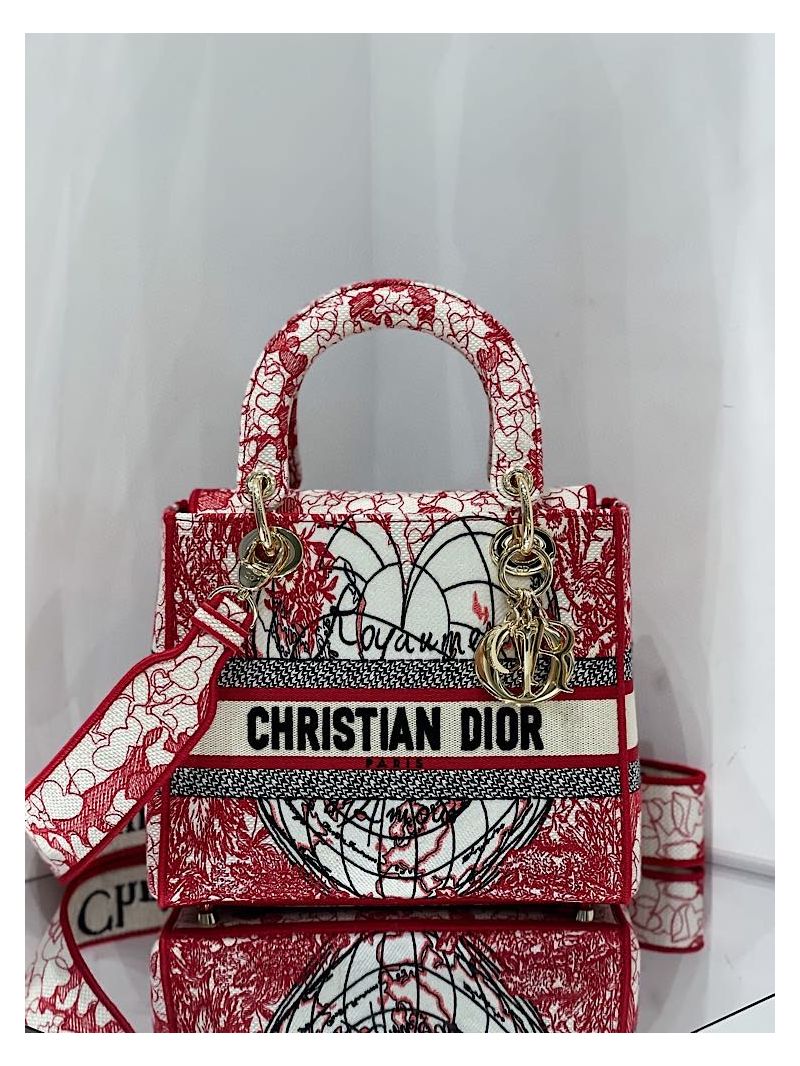 Dior Medium Lady D-Lite Bag Red and White D-Royaume d'Amour Embroidery M0565